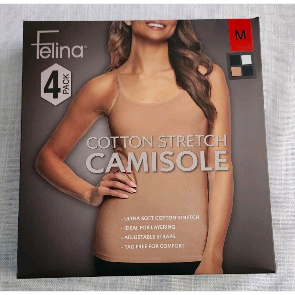Felina Cotton Stretch Camisole - Cream, Black And White, 4pk, Medium  NWT  B4